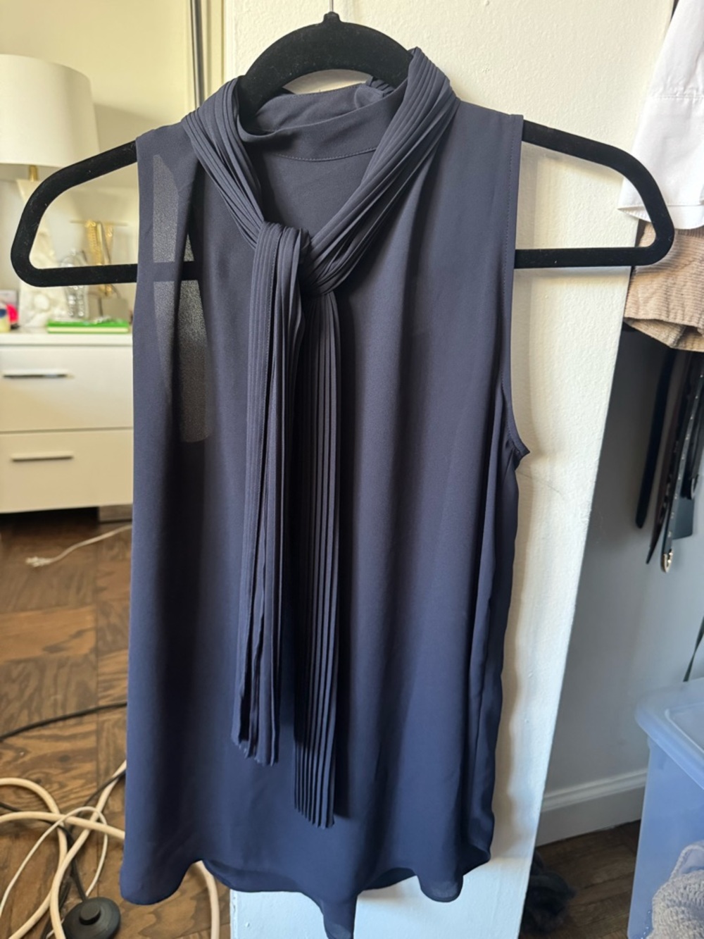 Ann Taylor Sleeveless Navy Pleated Tie-Neck Camisole
